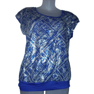 Eyeshadow Women’s Blue Short Sleeve Sequin Geometric Dress Size Medium BG17